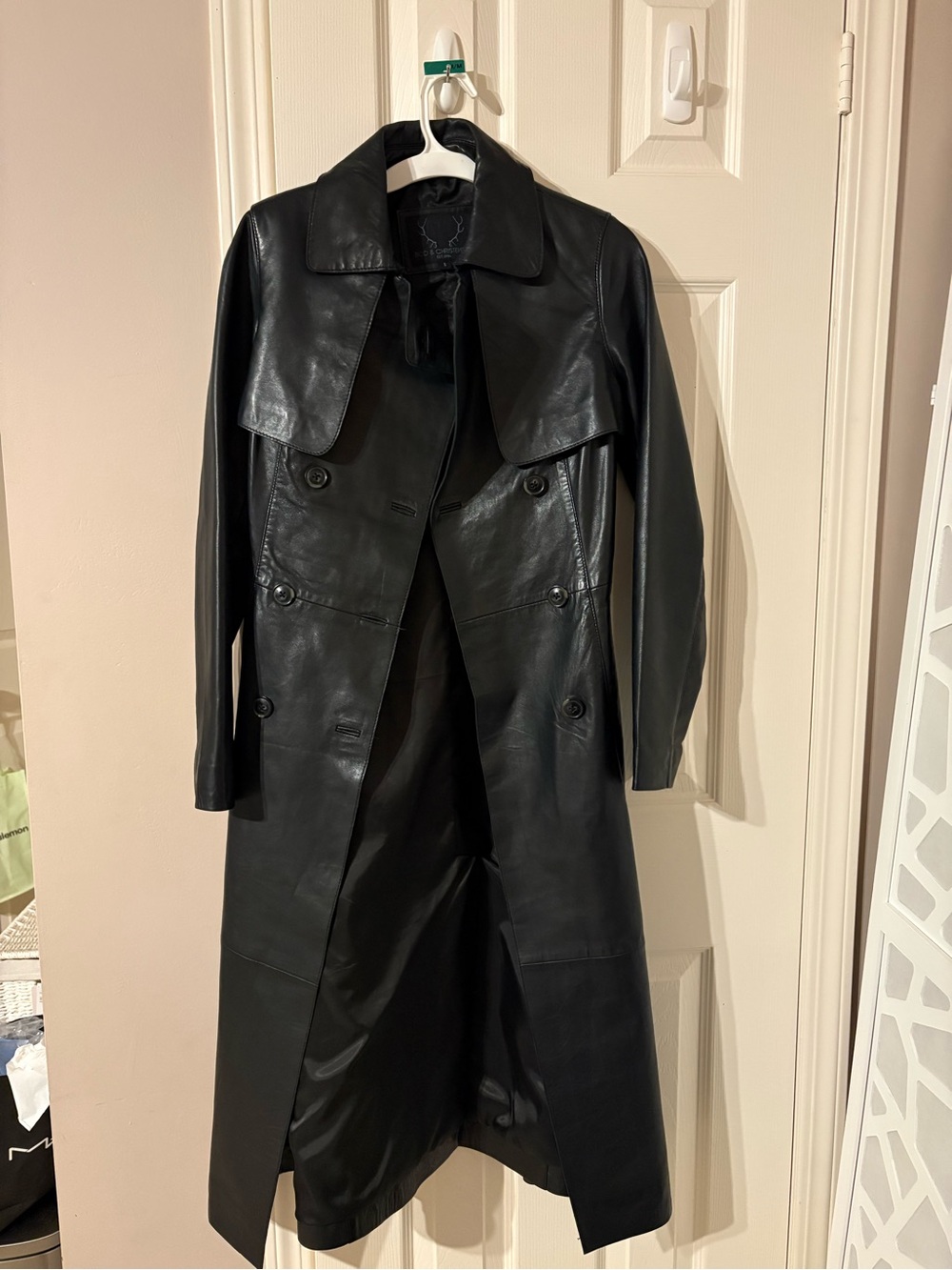 Bod & Christiensen 100% Leather Double-Breasted Trench Coat Size Small